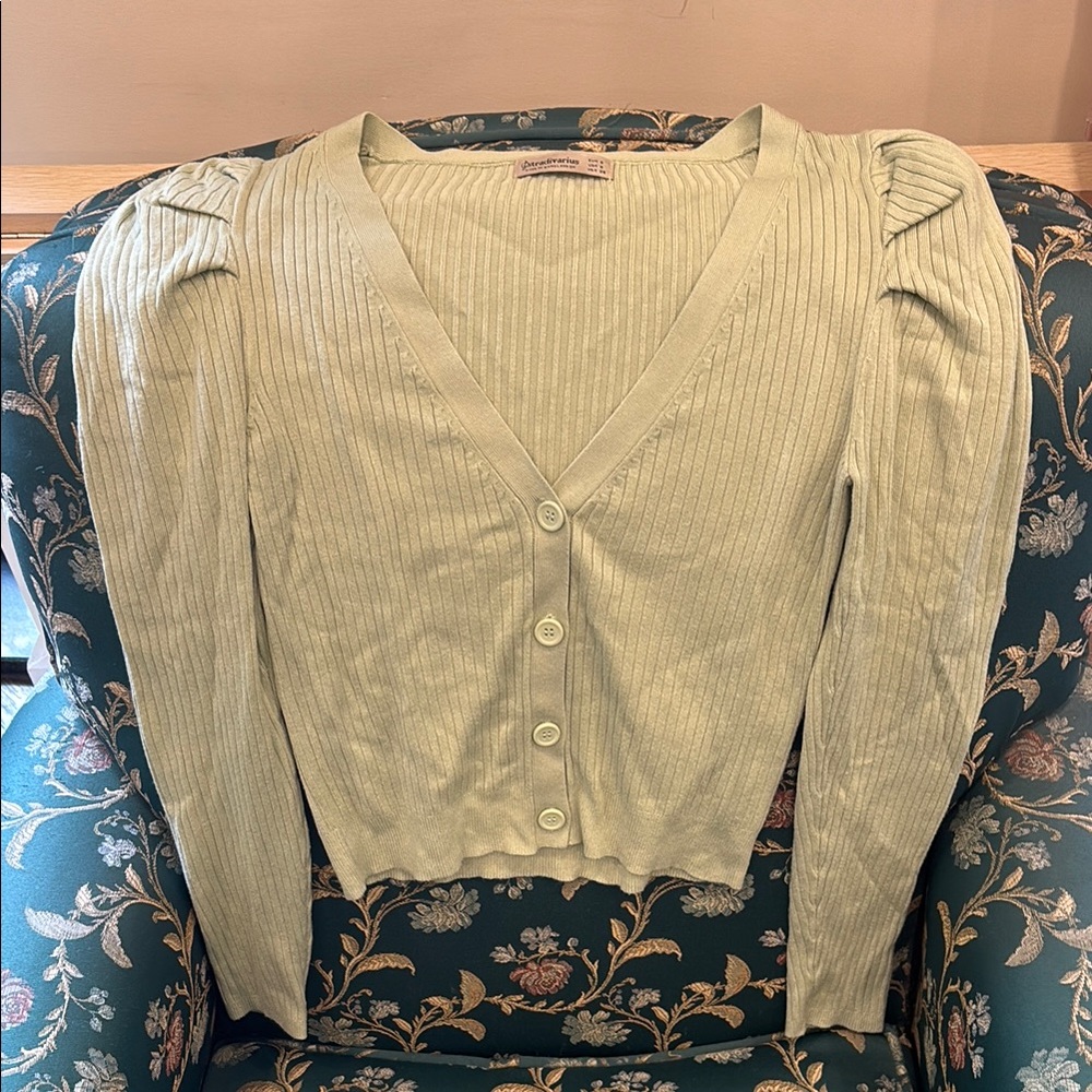 Stradivarius Pastel Green Ribbed Knit Cardigan Sweater